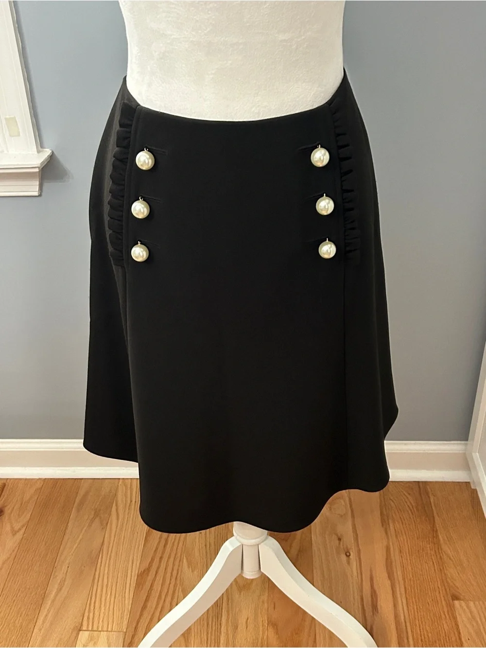 Kate Spade New York Black A-Line Skirt Size 10 Faux Pearl Nautical Ruffle Trim
